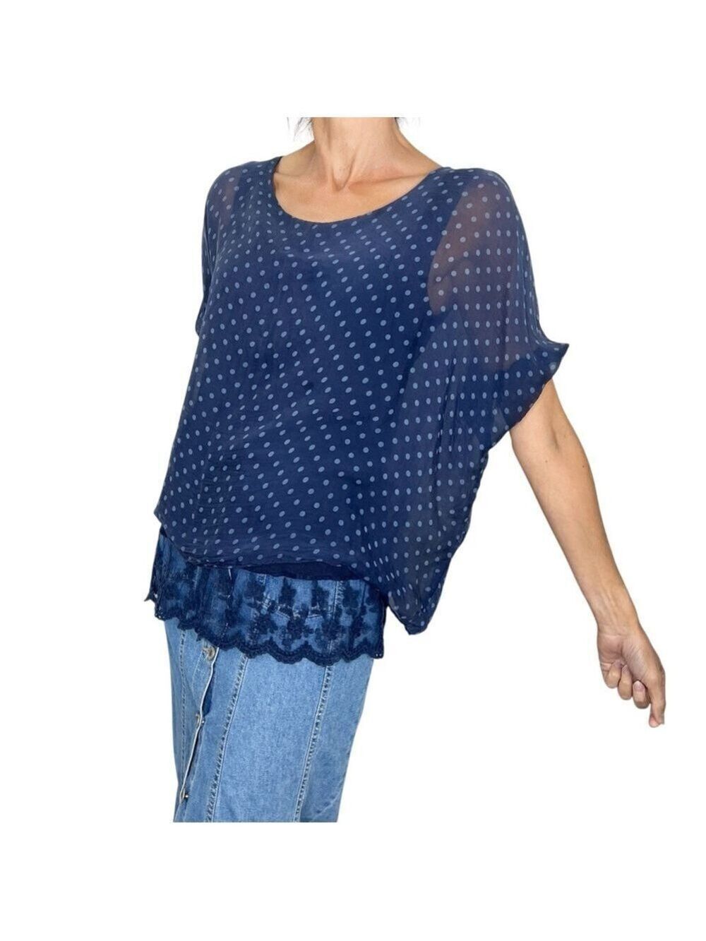 Dark blue blue polkadot silky lace hem dolman sleeve top S